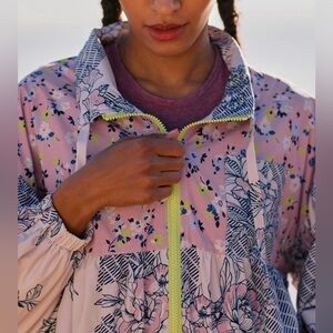 Anthropologie Daily Practice Mixed Media Pink Floral Windbreaker Size XS